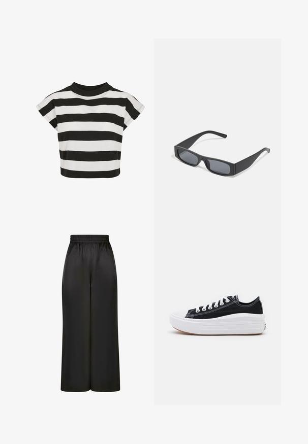 Czarny i biały pasiasty top z dekoltem w łódkę i krótkimi, bufkowymi rękawami; wykonany z miękkiego materiału bawełnianego.; Czarne spodnie z szerokimi nogawkami, wykonane z gładkiego, błyszczącego materiału, z elastycznym pasem i bez widocznych kieszeni ani elementów metalowych.; Czarne płócienne tenisówki z białymi sznurowadłami, białą gumową czapeczką na palcach i masywną białą podeszwą. Mają subtelne białe przeszycia i gumową podeszwę.; Czarne prostokątne okulary przeciwsłoneczne z ciemnymi soczewkami i grubymi matowymi oprawkami. Ramiona są lekko zwężone i mają gładką teksturę.