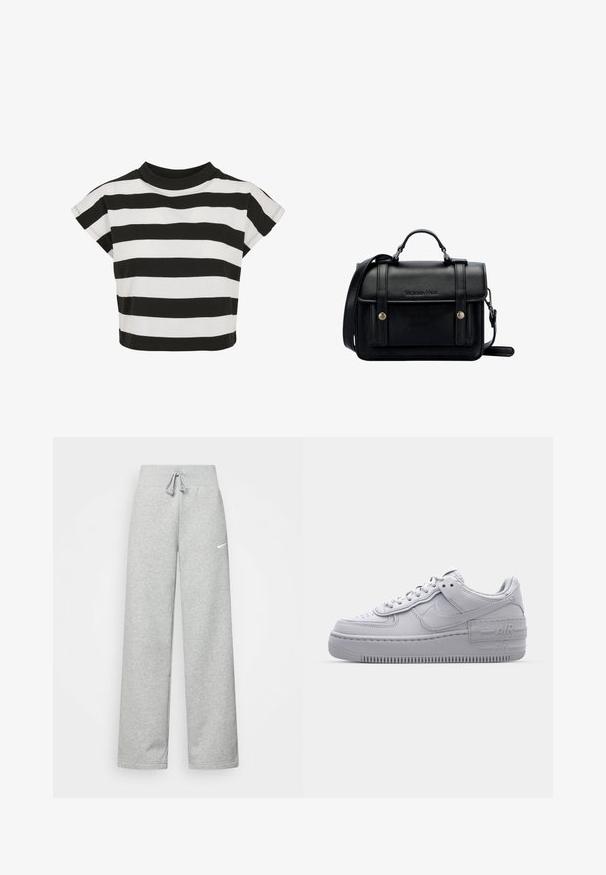Czarny i biały pasiasty top z dekoltem w łódkę i krótkimi, bufkowymi rękawami; wykonany z miękkiego materiału bawełnianego.; Szare dresy z elastycznym pasem, szczegóły ze sznurkiem i małym białym logo Nike na lewej udzie. Miękka tkanina, luźny krój.; Szare sneakersy Nike Air Force 1 z perforowanym noskiem, gładką skórzaną cholewką, grubą podeszwą oraz wytłoczonym detalem 'AIR' na pięcie.; Czarna skórzana torebka na ramię o wyraźnej strukturze, z górnym uchwytem, regulowanym paskiem, przednią klapą i metalowymi akcentami. Posiada logo na przodzie.
