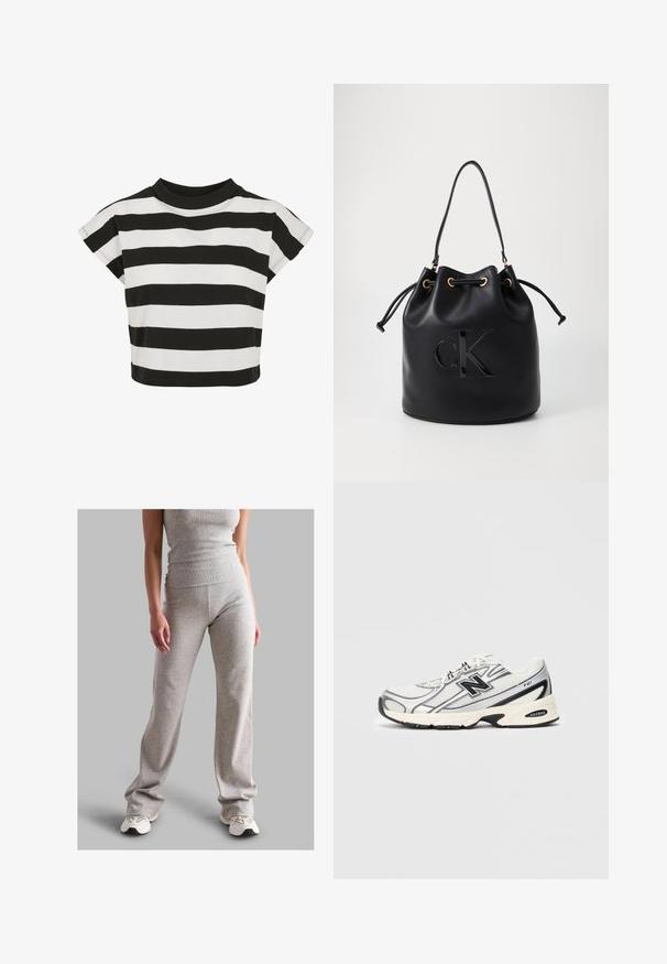 Sort og hvid stribet crop top med rund halsudskæring og korte, capærmer; lavet af blødt bomuldsstof.; Grå ribbet tanktop og matchende bukser lavet af strækbart materiale. Bukserne har en bred bunden design og er parret med lyse sneakers.; Hvid og grå atletisk sneakers med sort "N" logo, mesh-overdel, polstret sål og snørebåndsdesign, vist på en ensfarvet lys grå baggrund.; Sort læder bucket bag med snørelukning, der har et glosseret "CK" logo foran og hardware accenter i guld-tone.