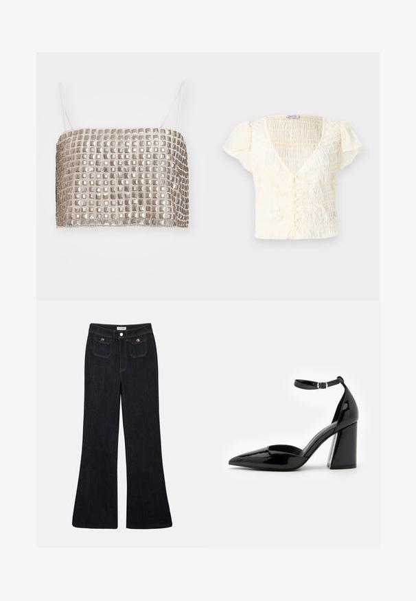 Fémes ezüst színű crop top négyzet alakú flitterekkel és vékony fehér pántokkal, téglalap alakú, sima textúrájú és egyenletes rács mintázatú.; Tej színű, rövid ujjú felső, gumis textúrával, V-nyakkal és gombos záródással. Könnyű anyag, diszkrét puffos ujjal.; Kibővített, sötét farmernadrág magas derékkal, két elülső zsebből és narancssárga varrással. Az anyag szilárdnak és simának tűnik.; Fekete patent bőr magassarkú cipő hegyes orral, bokapánttal és széles blokk talppal a stabilitás érdekében, sima, fényes textúrával.