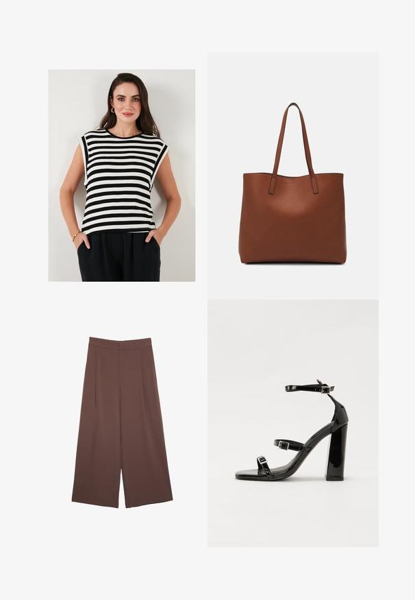 Czarna i biała w paski bluzka z krótkim rękawem, o okrągłym dekolcie i luźnym kroju. Posiada gładką teksturę oraz rozcięcia po bokach u dołu.; Brązowe spodnie o szerokich nogawkach z gładką fakturą, z wysokim stanem i plisami z przodu. Materiał jest lekki i luźno opada.; Czarne lakierowane sandały na obcasie z kwadratowym noskiem, z paskami wokół kostki i srebrnymi klamrami. Posiadają masywny słupek dla stabilności.; Brązowa skórzana torba tote o gładkiej fakturze, z otwartym wierzchem i dwoma ramiączkami. Charakteryzuje się minimalnym przeszyciem i brakiem widocznych elementów metalowych.