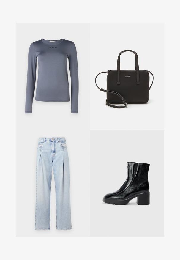 Dlhý rukáv šedá košeľa z mäkkého materiálu, s okrúhlym výstrihom a slovom "BLANCHE" potlačeným čiernou farbou na hrudi.; Svetlomodré džínsy s vysokým pásom, širším strihom po celej dĺžke, dvoma bočnými vreckami a skladaným dizajnom. Mäkka textúra s vyblednutým vzhľadom.; Čierne lakované členkové topánky s zakrivenou špičkou, elastickými bočnými panelmi a masívnym blokovým opätkom. S embosovaným logom na zadnej strane.; Čierna kabelka s dvojitými krátkymi rúčkami a odnímateľným ramenným popruhom. Hladký materiál podobný koži s uzatváraním na zips a detailom loga.