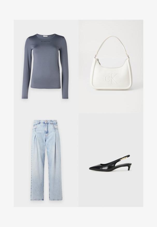 Langermet grå skjorte laget av mykt materiale, med rund hals og ordet "BLANCHE" trykt i svart på brystet.; Lyseblå denimjeans med høy livlinje, vide ben, to sidelommer og plisserte detaljer. Myk tekstur med en falmet finish.; Sorte lærreim hæler med spiss tå, som har en slank hæl og en gullfarget detalj på den justerbare stroppen. Glatt tekstur.; Hvit lærveske med en buet fasong, med et preget "CK"-logo på forsiden og en enkel skulderstropp. Glidelåslukking på toppen.