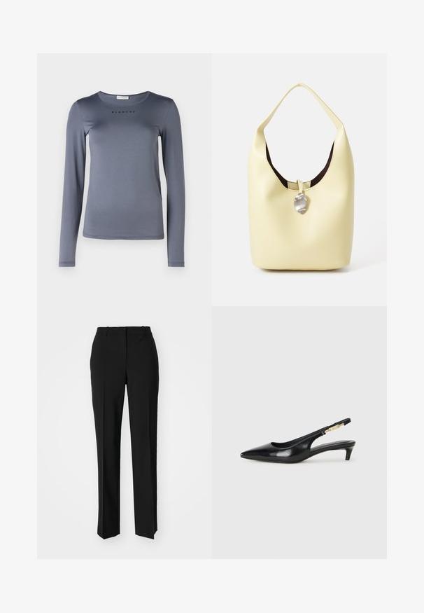 Camisa de manga longa cinza, feita de material suave, com um decote redondo e a palavra "BLANCHE" impressa em preto no peito.; Calças pretas de corte ajustado com um design de perna reta, apresentando uma textura lisa e pregas bem definidas na frente. Sem hardware visível.; Saltos slingback em couro preto com bico fino, apresentando um salto esguio e um detalhe em tom dourado na alça ajustável. Textura suave.; Saco hobo em pele amarela suave com uma forma arredondada. Apresenta um acabamento liso, forro interior escuro e um destaque em tom prateado na fecho.