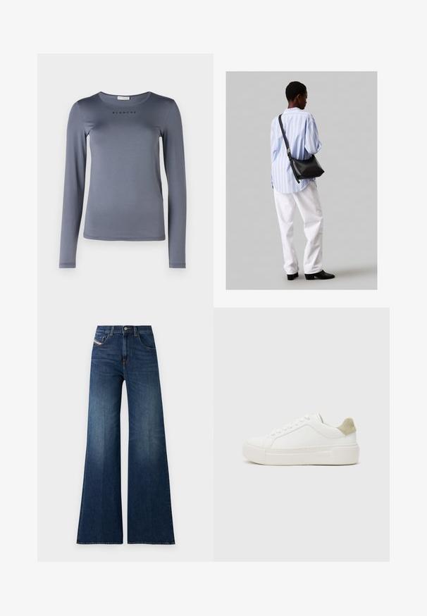 Ilgas rankovės pilkas marškinėlis, pagamintas iš minkštos medžiagos, su apvaliu iškirpimu ir žodžiu "BLANCHE" atspausdintu juoda spalva ant krūtinės.; Aukštai juosmeniški tamsiai mėlyni plačiakulkšniai džinsai su priekiniu ir monetų kišenėmis, sagos uždarymu ir subtiliomis šviesinimo detalėmis ant šlaunų.; Baltos sportbačiai su lygiu odiniu viršumi, šviesiai pilku aksominiu kulno akcentu ir masyviu baltu guminiu padu. Yra raištelių užsegimas.; Juodas odinis petinis krepšys su minkšta tekstūra, trikampiu pavidalu ir reguliuojama juosta, derinamas su šviesiai mėlynu dryžuotu marškinėliu ir baltais džinsais.