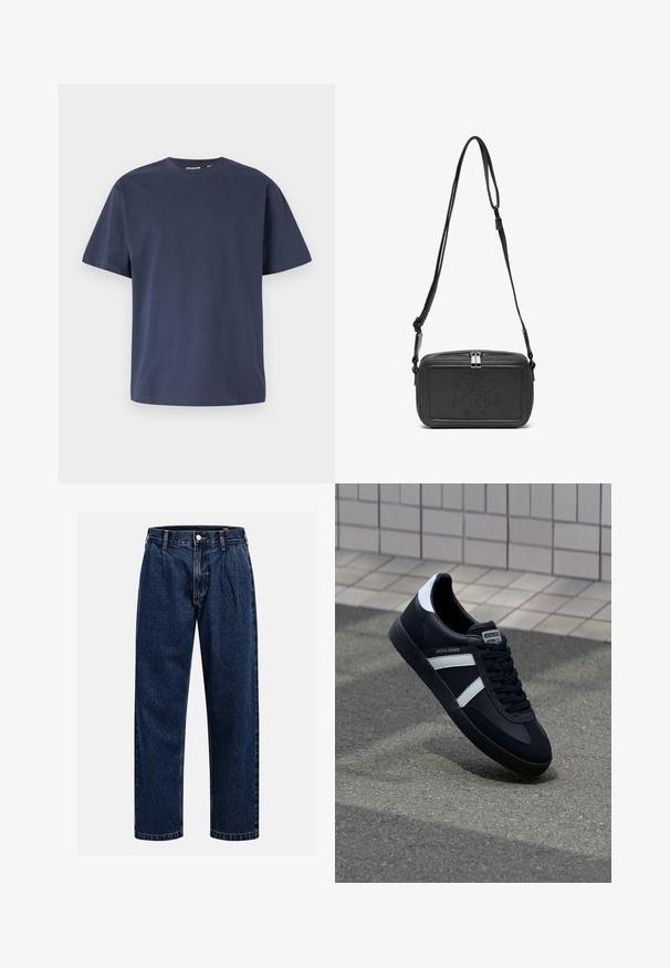 Tamno plavi pamučni majica s okruglim izrezom i kratkim rukavima. Glatka tekstura, ravni kroj i minimalni šavovi, što pruža klasičan dizajn.; Tamno plave traperice s ravnim krojem. Imaju vidljivo šivanje, kopčanje na dugme i prednje nabore za dodatne detalje.; Crne kožne tenisice s bijelim prugama, strukturirana gumena potplate i vezanjem sprijeda. Ima oznaku brenda na jeziku.; Crna kožna torbica preko tijela s patentnim zatvaračem, ugraviranim logotipom sprijeda i podesivim remenom. Glatka tekstura s pravokutnim oblikom.