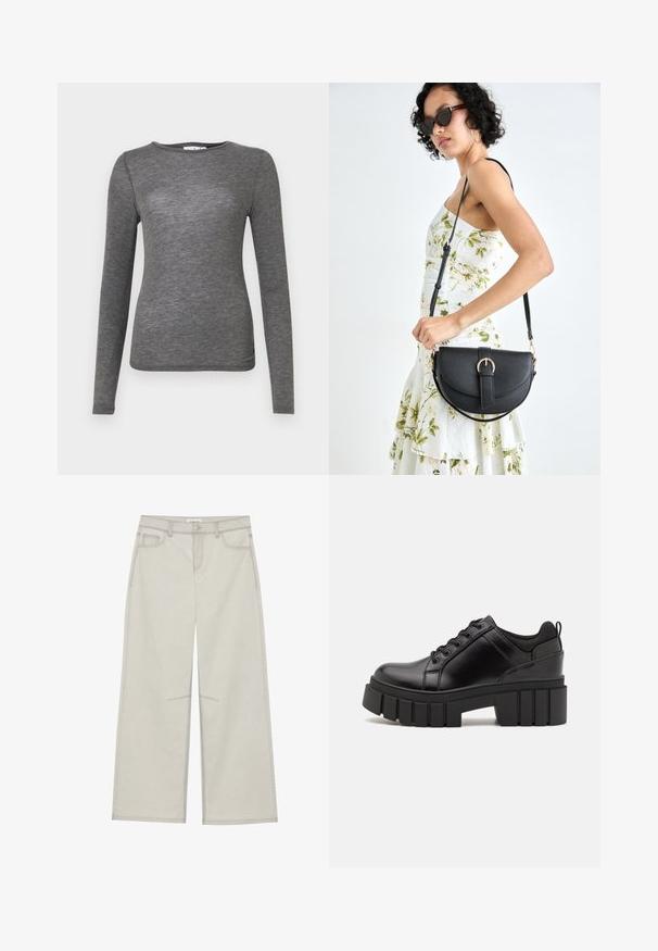 Halenka s dlouhým rukávem z měkké šedé látky, přiléhavý design s kulatým výstřihem a hladkou strukturou, s minimem švů.; Světle šedé kalhoty s širokými nohavicemi, pěti kapsami, předním zapínáním na knoflík a kontrastním stehem podél švů. Materiál vypadá jemně a odolně.; Černé kožené platformové boty s masivním blokovým podpatkem, kulatou špičkou a tradičním šněrováním. Mají hladký povrch a minimální detaily.; Černá kožená kabelka s křivkovým tvarem, odnímatelným popruhem a zlatými detaily. Kabelka má klopu s přezkou.