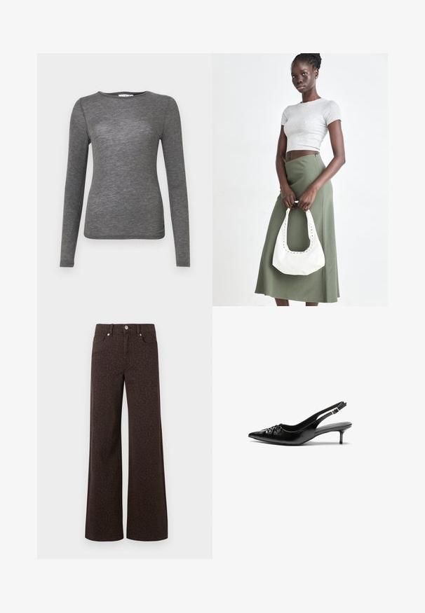 Long-sleeve shirt in soft gray fabric, fitted design with a round neckline and smooth texture, featuring minimal seams.; Brown wide-leg jeans featuring a subtle leopard pattern, crafted from denim with a smooth texture and classic five-pocket design.; Black leather slingback heels with a pointed toe, small kitten heel, and a decorative knot detail on the front. Smooth texture throughout.; Gray ribbed crop top and olive green high-waisted skirt. Model holds a white shoulder bag with cut-out detailing. Simple design, fitted silhouette.
