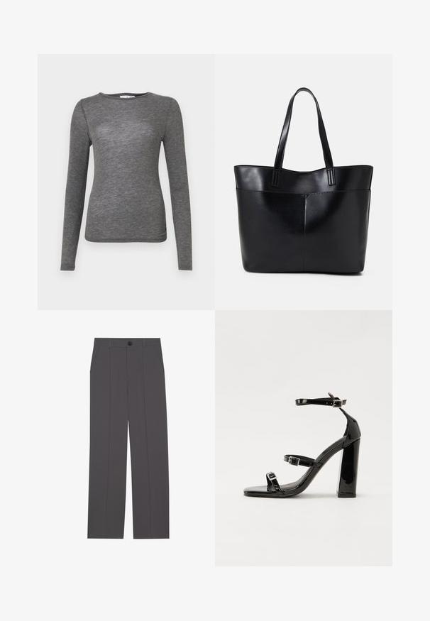 Long-sleeve shirt in soft gray fabric, fitted design with a round neckline and smooth texture, featuring minimal seams.; Grey trousers with a straight leg design, featuring two side pockets and a button closure. Smooth fabric with no visible patterns or accents.; Black patent heeled sandals with a square toe, ankle straps, and silver buckles. Features a chunky block heel for stability.; Black leather tote bag with two long handles, a smooth texture, and a structured shape. Features a front pocket for additional storage.