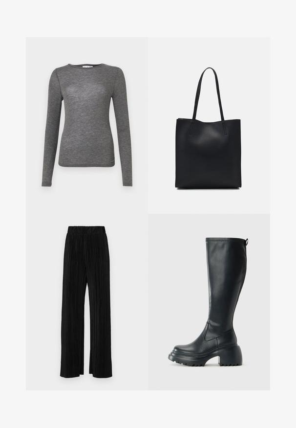 Langærmet skjorte i blødt gråt stof, tætsiddende design med rund halsudskæring og glat tekstur, med minimale sømme.; Sorte plisserede bukser med elastisk talje. Har brede ben og et glat, tekstureret stof med lodrette striber.; Høj sort læderstøvle med kraftig platformssål og blokhæl, med trækstrop og tekstureret sål.; Sort læder tote taske med glat tekstur, rektangulær form og to lange hanke. Ingen synlig hardware eller udsmykninger.