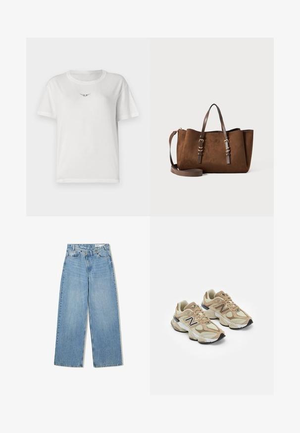 Valkoinen puuvillapaita lyhyillä hihoilla, jossa on pieni musta siipimuotoilu rinnassa ja klassinen pyöreä kaula-aukko.; Vaaleansiniset leveälahkeat farkut, joissa on korkea vyötärö, viisi taskua, nappikiinnitys ja hienovarainen kuluminen tekstuurin lisäämiseksi.; Beige lenkkarit, joissa on verkko- ja mokkanahkamateriaaleja. Varustettu mustalla logolla ja teksturoiduilla yksityiskohdilla. Paksu valkoinen välikeen ja musta kumipohja.; Ruskea samettitote-laukku, jossa on jämäkkä muoto, kaksiosaiset nahkahihnat, säädettävä olkahihna ja kultasävyiset metallisominaisuudet.