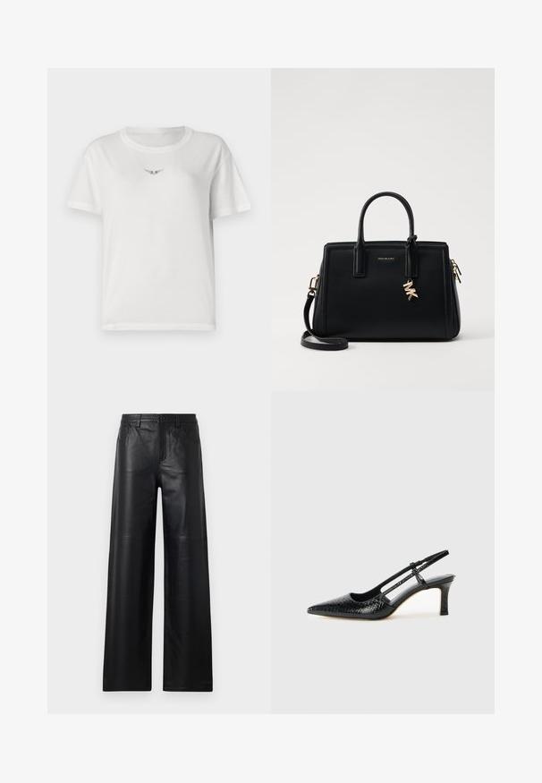 Hvid bomulds t-shirt med korte ærmer, der har et lille sort vinge-design på brystet og en klassisk rund halsudskæring.; Bredde ben sorte læderbukser med en glat tekstur, der har frontlommer, knaplukning og subtile syninger.; Sorte patent slingback hæl med spids tå, prydet med tekstureret slangeskindsmønster, justerbar rem og en kort, tekstureret blokhæl.; Sort læder håndtaske med struktureret design, dobbelt top håndtag, aftageligt skulderrem, guld hardware og en logo charme accent.