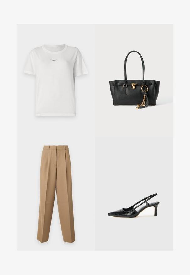 Bela bombažna majica s kratkimi rokavi, ki ima na prsih manjši črn motiv z krili ter klasičen okrogli izrez.; Bež hlače z visokim pasom, gubanim sprednjim delom in širokim krojem. Tkanina se zdi gladka z rahlim sijajem.; Črne lakaste slingback pete s koničastim nosom, ki imajo teksturiran vzorec kačje kože, nastavljiv trak in kratek teksturiran blok peto.; Črna usnjena torbica z dvojno ročajema, zlatim ključavnico in detajlom verige, ter dodatkom črno-belih rese na belem ozadju.