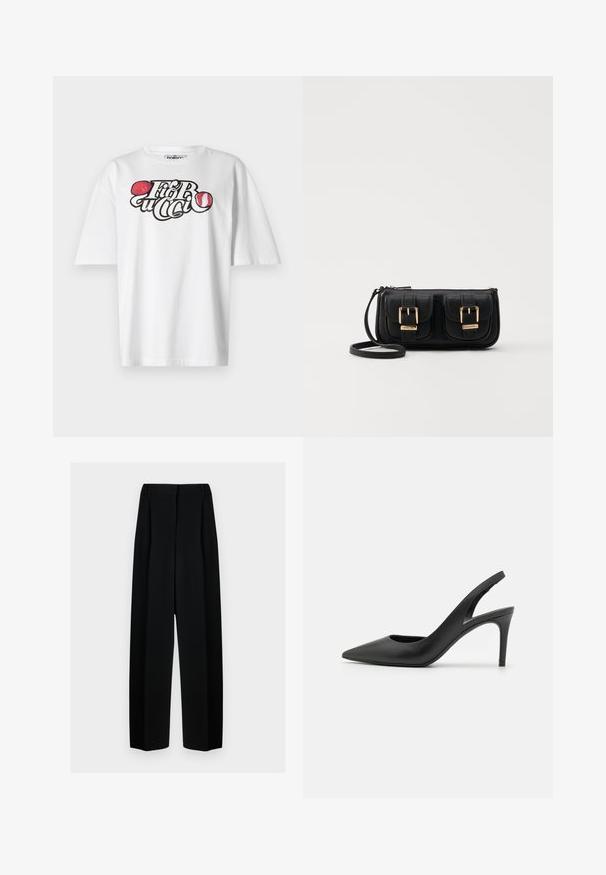 Hvit kortermet t-skjorte med grafisk design som har teksten "Fiorucci" og to illustrasjoner av røde lepper. Laget av bomull, standard passform.; Svart vide bukser med høy livhøyde, med folder og en glatt tekstur. Stoffet virker lett og faller elegant.; Sorte skinnslingback hæler med spiss tå-design, som har et utsnitt foran og en tynn stilettohæl.; Svart skinn crossbody veske med to frontlommer, gyldne spenner, glidelåslukking og en slank stropp. Teksturert overflate og kompakt rektangulær form.
