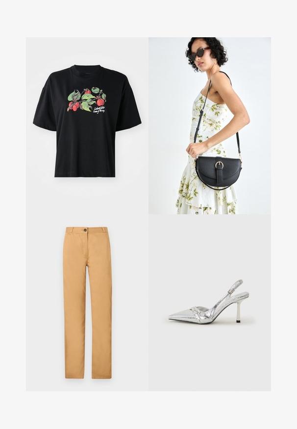Črna majica s kratkimi rokavi, ki ima spredaj barvit grafik s sadjem in listi, ter natisnjen napis "Cargart WIP Cream of the crop."; Svetlobruni chinos hlače s ravnim krojem, zapenjanjem na gumb in stranskimi žepi. Tkanina je gladka z mat površino.; Srebrna slingback visoka peta čevlja s špičastim nosom, metalnim finišem, dvema dekorativnima trakama in tanko peto z črnim vrhom.; Črna usnjena torbica s ukrivljeno obliko, z odstranljivo naramnico in zlatimi dodatki. Torbica ima pokrov s podrobnostmi v obliki zaponke.; Srebrn dvojni prstan z gladko, polirano površino. Ima tekoč, ukrivljen dizajn z prekrivajočimi se sekcijami za sodoben videz.; Srebrn dvojni prstan z gladko, polirano površino. Ima tekoč, ukrivljen dizajn z prekrivajočimi se sekcijami za sodoben videz.
