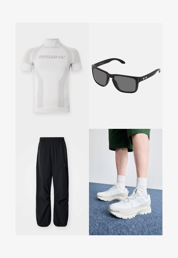 Valge lühikeste varrukatega sportlik särk, kõrge kaeluse ja peente vertikaalsete joontega. Ees on kerge halli värvi "MISBHV" logo.; Mustad mustad cargo püksid elastse vöökoha, külgzippide ja avarate taskutega. Omab laia lõiget ja kitsenevaid sääreotsasid.; Valged sportsijalatsid tekstuursete pealsete, kopsaka tallaga ja hallide aktsentidega. Kanda valgete lühikeste sokkidega ja roheliste lühikeste pükstega sinisel pinnal.; Mustad mustekad prillid paksu plastikkorviga, tumedate hallide objektiivide ja peente metallaktsentidega käepidemetel. Kaarjas kuju sujuva tekstuuriga.
