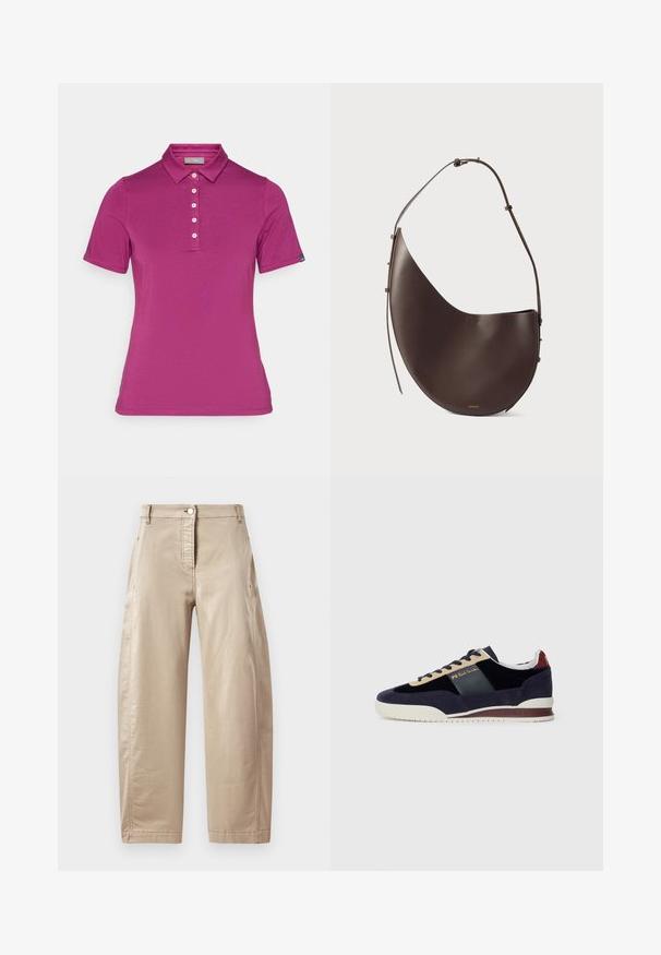 Fuksijos spalvos trumpomis rankovėmis polo marškiniai, pagaminti iš minkštos medžiagos. Yra klasikinis apykaklė, penkių mygtukų užsegimas ir etiketas kairėje rankovėje.; Šviesiai rudos plačios kelnės, pagamintos iš lygios medvilnės mišinio, su priekiniais mygtukais, šoninėmis kišenėmis ir matomomis siuvimo detalėmis.; Jūrų melsvi velveto sportbačiai su smėlio ir tamsiai mėlynomis detalėmis. Turi baltą gumos pabanduką ir auksinius logotipus šone. Klasikinis sportinis dizainas.; Ruda odinė rankinė, turinti kreivą formą, vieną diržą ir minimalistinį dizainą. Sukurta su subtiliu logotipu ir auksiniais detalėmis.