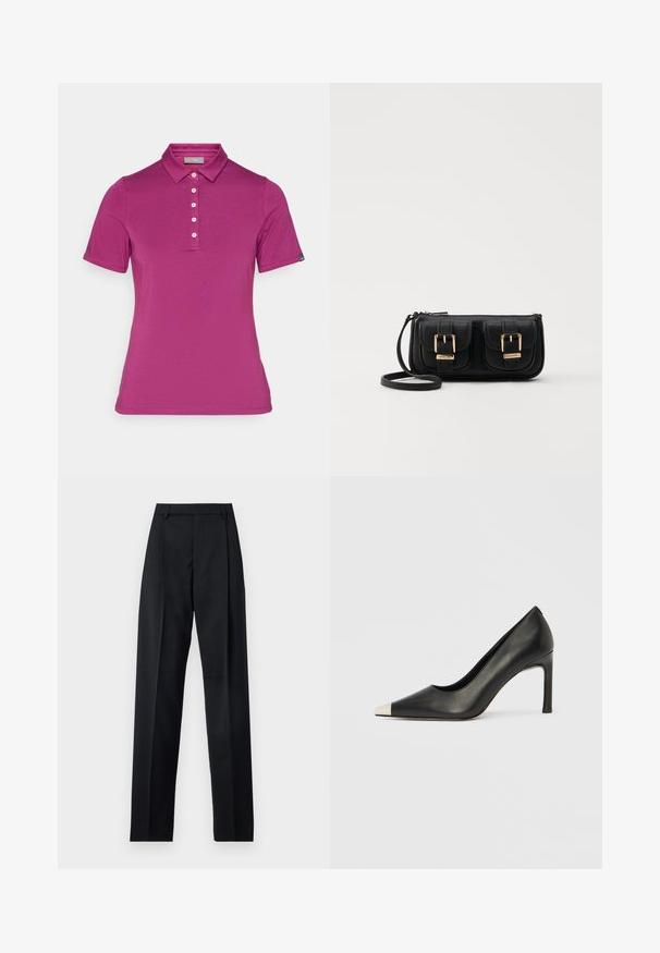 Fuksijas krāsas īsām piedurknēm polo krekls, izgatavots no mīkstas auduma. Tam ir klasiskā apkakle, piecu pogu aizdare un birka kreisajā piedurknē.; Melnas bikses, izgatavotas no gludas auduma, ar augstu vidukli, platiem bikšu galdniekiem, priekšējiem krokām un klasiskām jostu cilpām. Sānu kabatas nav redzamas.; Melns ādas augstpapēžu kurpes ar smailu purngalu un metāliski sudraba uzgali. Ir gluda apdare un slaids 10 cm augsts papēdis.; Melnas ādas crossbody soma ar divām priekšējām kabatām, zelta sprādzēm, ar rāvējslēdzēju aizdari un šauru siksnu. Strukturēta virsma un kompakta taisnstūra forma.