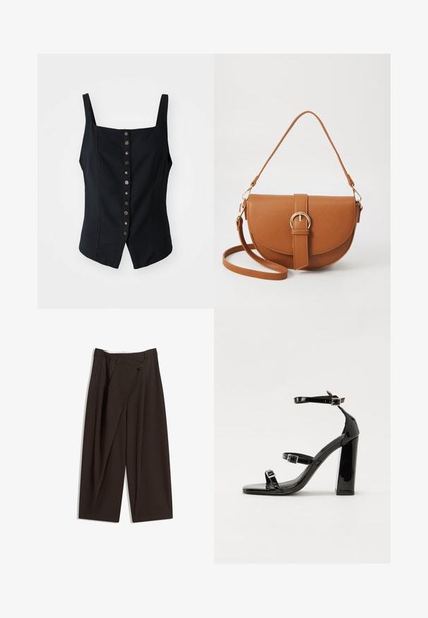 Črna brezrokavna majica s prilegajočim dizajnom, ki ima ravno izrez in dekorativne kovinske gumbe po sprednji strani.; Temno rjave široke hlače z visokim pasom, ki imajo en gumb za zapiranje in zamaščen sprednji del. Narejene so iz lahkega blaga.; Črne lakirane sandale s peto, kvadratnim prstom, trakovi okrog gležnja in srebrnimi zaponkami. Opremljene so s stabilno Debelo peto.; Rjava usnjena torbica prek telesa s ukrivljeno obliko, zlate opreme in sponko. Ima odstranljiv naramni trak.
