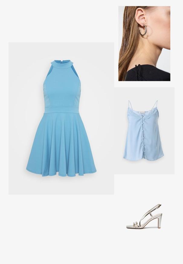 Šviesiai mėlyna satino liemenėlė su plonomis petnešėlėmis, nėrinių apdaila prie iškirptės ir penki dekoratyvūs mygtukai priekyje.; Šviesiai mėlyna be rankovių suknelė su aukštu kaklu, prigludusiu korpusu ir plačiu sijonu. Pagaminta iš švelnios medžiagos su klostuotais raštais.; Metallic sidabriniai aukštakulniai sandalai su atvira nosimi, turintys tris plonas dirželius per pėdą ir kulkšnies dirželį su sagtimi.; Auksinės metalinės rankinės su lygiu paviršiumi, kuri turi trikampio formos užsegimą. Ranką laikančioji turi tvarkingai prižiūrėtus nagus.; Sidabrinė lankinė auskarai su poliruotu paviršiumi, turintys mažus auksinius akcentus ir apvalią formą, dėvimi ant ausies kaušelio.