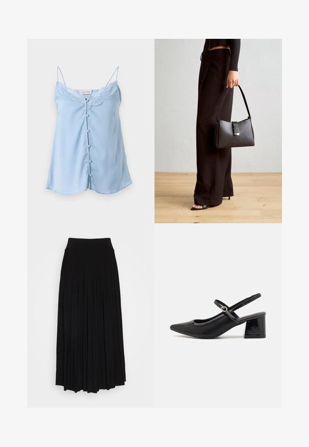 Light blue camisole made of satin with thin straps, lace trim along the neckline, and five decorative buttons down the front.; Black pleated skirt with a high, stretchy waistband. Made from soft fabric, featuring vertical pleats for a flowing silhouette.; Black patent leather slingback heels with a pointed toe, a rounded cutout design, and a block heel. Features a gold-tone buckle accent.; Black handbag with structured shape, smooth texture, and a metallic clasp. Paired with wide black pants and open-toe sandals on wooden floor.