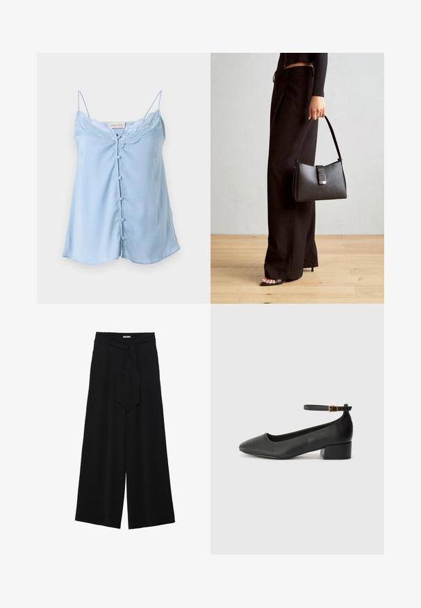 Lys blå sateng camisol med tynne stropper, blondekant langs utringningen, og fem dekorative knapper foran.; Svart vide bukser med teksturert stoff, elastisk midje og avtagbart belte som gir justerbar passform.; Sorte skinnpumper med spiss tå og lav blokkhelt. Har ankelrem med gullfarget spenne. Glatt tekstur.; Svart håndveske med strukturert form, jevn tekstur og metallisk lås. Kombinert med brede svarte bukser og sandaler med åpen tå på tregulv.