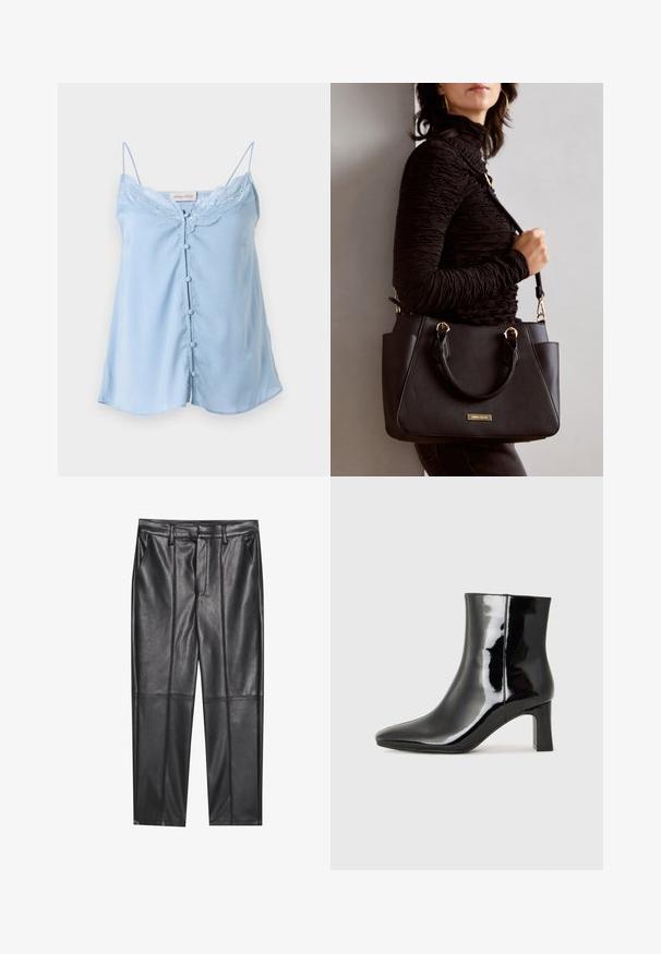 Világoskék, szaténból készült felsőrész vékony pántokkal, csipkés díszítéssel a nyakkivágásnál, és öt díszgombbal az elején.; Fekete bőrnadrág sima textúrával, egyenes szabással, két elülső zsebbel és látható varrás részletekkel.; Fekete lakk bőrcipő bokáig érő, hegyes orral és közepes magasságú tömbsarokkal. Simább textúrával és minimalista dizájnnal rendelkezik.; Fekete kézitáska texturált felülettel, dupla felső fogantyúval és állítható vállpánttal. Arany színű fém kiegészítők és oldalsó zsebek találhatók rajta.