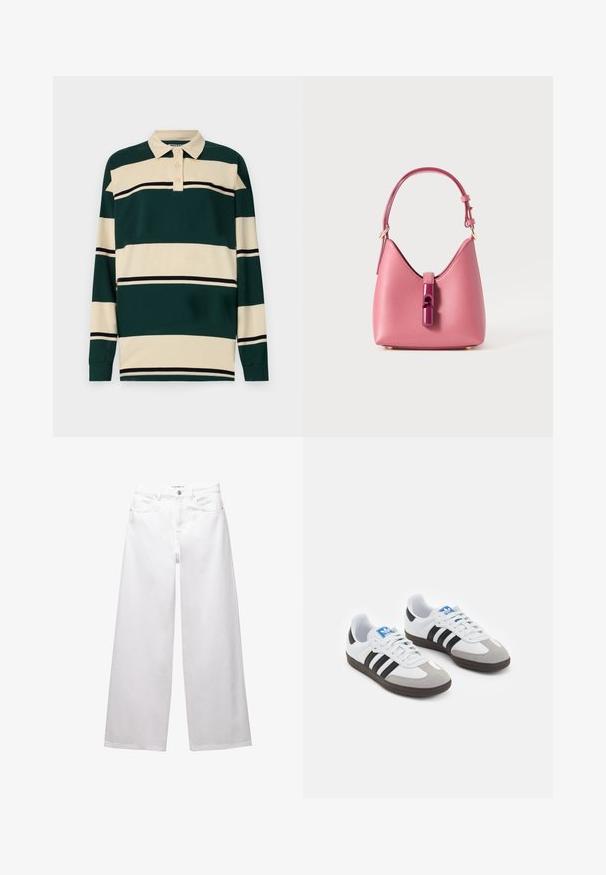 Polo majica s dugim rukavima u tamnozelenim i kremastim bež prugama, s klasičnom kragnom i plaketom s tri dugmeta, s crnim naglascima.; Bele široke jeans hlače iz denima. Imajo gumbasto zapiranje, sprednje in zadnje žepe ter šivane šive. Gladka tekstura z minimalnimi detajli.; Športni čevlji z belim usnjenim zgornjim delom, sivim semišem na prstih in tremi črnimi črtami. Imajo modro logo na jeziku in teksturiran gumijast podplat.; Roza usnjena torbica z strukturirano obliko, ki ima sijoč zapirni mehanizem in en sam nastavljiv ročaj. Teksturna površina z zlatimi dodatki.