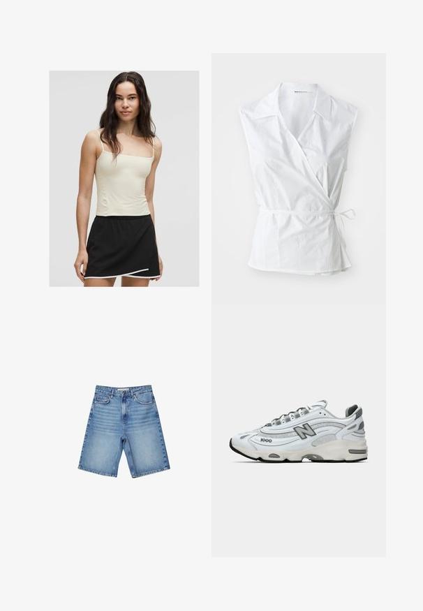 Svetložltý top na ramienka s hladkým textilem, doplnený čiernou sukňou s zakriveným lemom a bielymi detailami.; Biela bezrukávová zabalovacia blúzka vyrobená z bavlny. Má špicatý golier, detail na bočnom viazaní a mierne voľný strih, ktorý sa zbieha v páse.; Džínsové šortky vo svetlom modrom odtieni s klasickým päťvreckovým dizajnom, zipsom a jemným vyblednutím. Rovný strih s ohnutým lemom.; Biele športové tenisky s čiernymi akcentmi, sieťovinou a syntetickými materiálmi, vlnový dizajn, polstrovaný golier a gumová podrážka s čiernym dezénom.