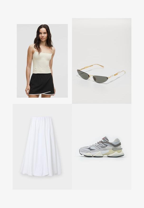 Hellgelbes Spaghetti-Trägershirt, kombiniert mit einem schwarzen Rock mit geschwungenem Saum und weißen Akzenten. Glatte Stoffoberfläche.; Weiße knöchellange Rock mit einem elastischen Bund, gefertigt aus leichtem Stoff mit glatter Textur und fließender Silhouette.; Graue Wildleder- und Mesh-Sneaker mit einer dicken weißen und beigen Sohle, ausgestattet mit einem auffälligen weißen Logo und roten Akzentdetails.; Sonnenbrille mit goldenem Rahmen und dunkelgrauen Gläsern. Einzigartige Katzenaugenform. Die Bügel sind mit abwechselnden goldenen Perlen und Perlenakzenten verziert.
