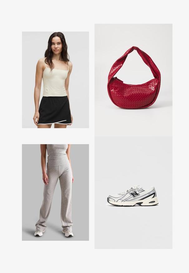 Hellgelbes Spaghetti-Trägershirt, kombiniert mit einem schwarzen Rock mit geschwungenem Saum und weißen Akzenten. Glatte Stoffoberfläche.; Grau gerippter Tanktop und passende Hose aus dehnbarem Material. Die Hose hat einen ausgestellten Schnitt und wird mit schlichten Sneakern kombiniert.; Weißer und grauer Sportschuh mit schwarzem "N"-Logo, Obermaterial aus Mesh, gepolsterter Sohle und Schnürdesign, auf einem einfachen hellgrauen Hintergrund abgebildet.; Rote handgewebte Lederhandtasche mit einem geschwungenen, gepolsterten Henkel, Reißverschluss und einer strukturierten Oberfläche, die insgesamt einen glänzenden Schimmer aufweist.