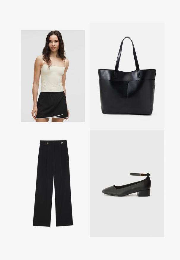 Heled kollane spagetti rihmadega top, millele on sobitatud must seelik, millel on kõver hems ja valge ääre aktsendid. Sile riidest tekstuur.; Mustad laiad püksid kõrge vöökoha ja nööpdetailidega vööandil, esikortsudega.; Must mustaapp, millel on terav nina ja madal blokk-kand. Omab pahkluu rihma koos kuldse tooni pandlaga. Sile tekstuur.; Must mustaga musta nahast, millel on kaks pikka kanda, sile tekstuur ja struktureeritud kuju. Esipoolsel on lisakoti jaoks tasku.