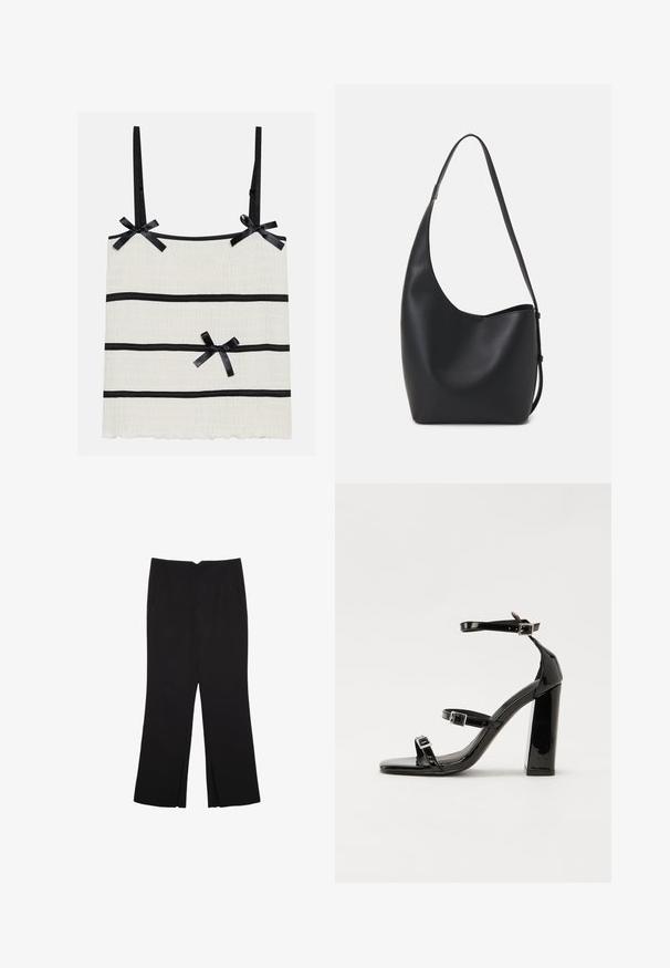 Lichtcrème tanktop met dunne zwarte bandjes, voorzien van zwarte horizontale strepen en kleine strikaccenten. Getextureerde stof met een golvende zoom.; Zwarte broek met een rechte pasvorm, voorzien van zijzakken en plooien aan de onderzijde. Gemaakt van zachte, gladde stof. Geschikt voor verschillende gelegenheden.; Zwarte gepatenteerde sandalen met hak en een vierkante neus, enkelbandjes en zilveren gespen. Heeft een stevige blokhak voor stabiliteit.; Zwarte leren hobo tas met een gladde textuur, kromme vorm en een enkele verstelbare schouderband; heeft een brede opening aan de bovenkant.