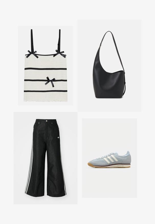 Lichtcrème tanktop met dunne zwarte bandjes, voorzien van zwarte horizontale strepen en kleine strikaccenten. Getextureerde stof met een golvende zoom.; Zwarte denim broek met wijde pijpen, voorzien van drie witte strepen aan elke zijkant en een klein wit logo. Heeft voorzakken en een knoopsluiting.; Lichtblauwe suède sneakers met witte drie streepen, rubberen zool en textuur-mesh. Voorzien van een gladde neuskap en branding op de hak.; Zwarte leren hobo tas met een gladde textuur, kromme vorm en een enkele verstelbare schouderband; heeft een brede opening aan de bovenkant.