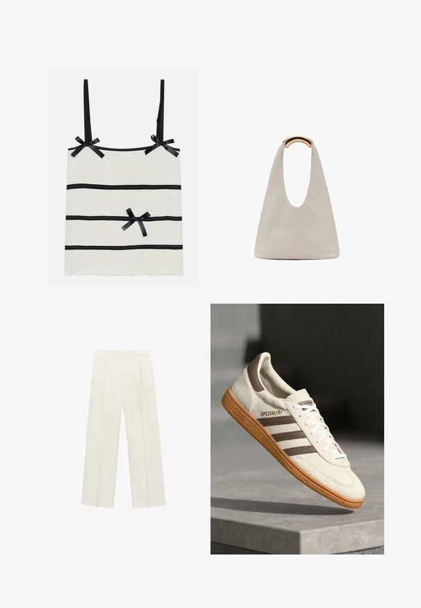 Top din cream deschis, cu bretele subțiri negre, având dungi orizontale negre și accente cu fundițe mici. Material texturat cu tiv circular.; Pantaloni cu picioare largi, de culoare crem deschis. Realizați dintr-un material neted, cu plisuri în față și buzunare laterale.; Sneaker din suede alb cu accente din piele maro, trei dungi maro și șireturi albe. Dispune de o talpă din cauciuc texturat și logo-ul auriu "SPEZIAL".; Geantă din piele gri deschis cu un design în formă de U și un mâner metalic curbat. Textură netedă cu cusături minime și fără modele vizibile.