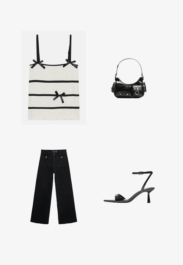 Svetlo krémový top na ramienkach s tenkými čiernymi popruhmi, s čiernymi horizontálnymi pruhmi a malými mašličkami. Textúrovaná tkanina s vlnkovaným spodným okrajom.; Čierne široké nohavice s vysokým pásom, s dvoma prednými vreckami a kovovými detailmi na gombíku. Tkanina má hladkú textúru.; Bershka Sandále na vysokom opätku - black; Čierna laková kožená kabelka s ohnutým tvarom, jedným ramenným popruhom, prednými vreckami a striebornými kovovými doplnkami.