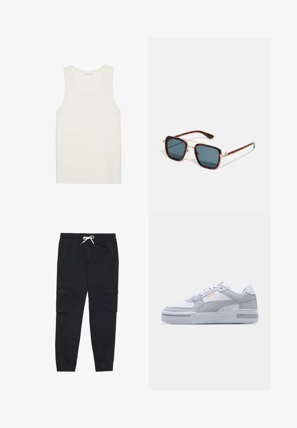 Ribbed white tank top with a round neckline and wide shoulder straps, made from a soft, textured fabric, featuring a straight hem.; Black cargo pants made of cotton, featuring an elastic waistband with a drawstring, side pockets, and tapered cuffs.; Gray and white sneakers with smooth leather upper, perforated toe, lace-up closure, textured accents, and a subtle gold logo.; Tortoiseshell sunglasses with dark gray lenses, square shape, gold metal accents, and slender temples featuring distinctive striped detailing.