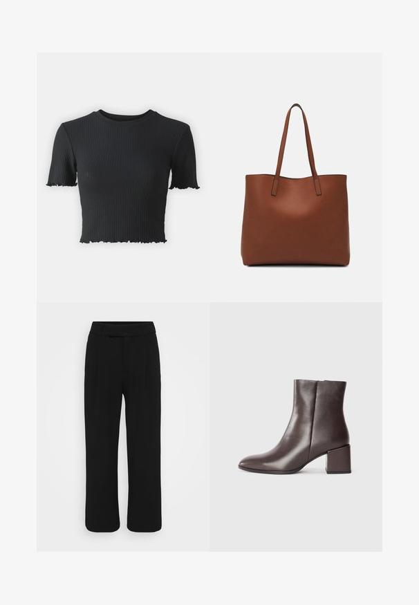 Svart ribbet crop-top med korte ermer, med rund halslinning og frynset nederkant for ekstra tekstur. Laget av elastisk materiale.; Sorte bukser med vide ben laget av et glatt stoff, med flat front, beltehemper og uten synlige lommer. Rent, skreddersydd design.; Brune lær ankle boot med et elegant design, spiss tå og firkantet blokkheel. Glatt tekstur og minimalistisk silhuett.; Brun lær tote veske med en jevn tekstur, åpen toppdesign og to skulderstropper. Har minimal søm og ingen synlige spiker.