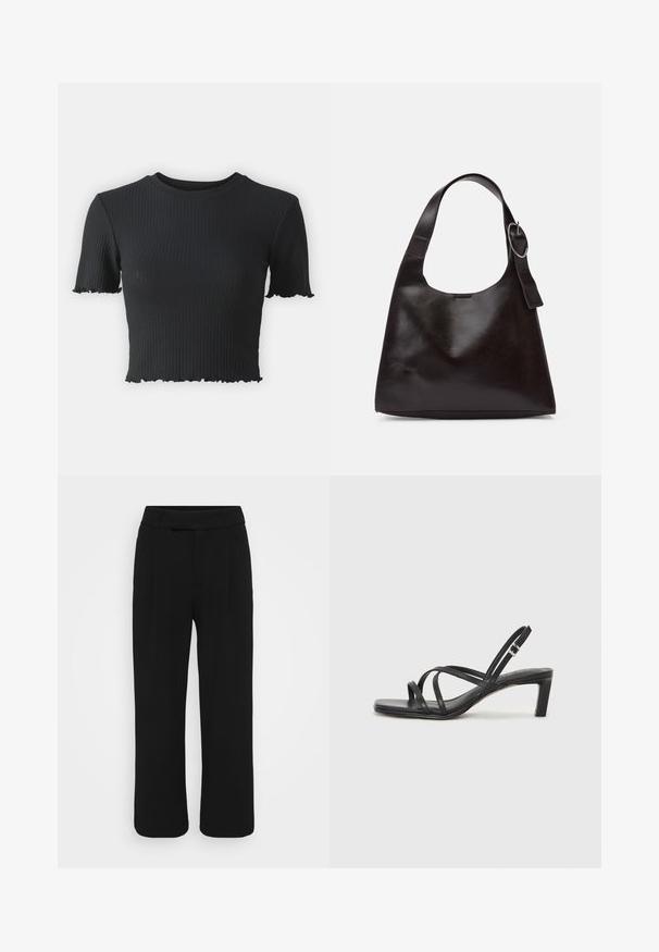 Svart ribbet crop-top med korte ermer, med rund halslinning og frynset nederkant for ekstra tekstur. Laget av elastisk materiale.; Sorte bukser med vide ben laget av et glatt stoff, med flat front, beltehemper og uten synlige lommer. Rent, skreddersydd design.; Sorte sandaler med stropper, firkantet tå og lav blokk hæl. Har flere tynne stropper og en justerbar ankelstropp. Laget av glatt lær.; Brun lærveske med en glatt tekstur, rund form, bred stropp og sirkelformet metallaccent på håndtaket.