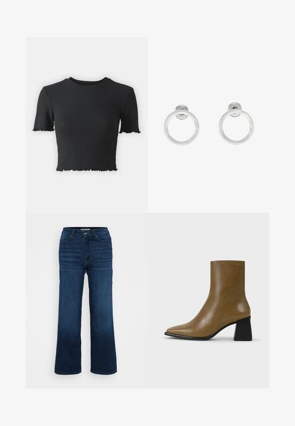 Musta ribbattu crop-top lyhyillä hihoilla, pyöreällä kaula-aukolla ja risat reunat, jotka lisäävät tekstuuria. Valmistettu joustavasta materiaalista.; ONLY Petite ONLMADISON BLUSH WIDE - Leveälahkeiset - dark blue denim; Ruske nahke gležnjače s špičastim prstom, elegantne oblike in teksturiranem zaključku. Imajo kontrastno črn blok peto.; Hopeista valmistetut korvakorut, joissa on harjattu pinta, ympyrän muotoinen muotoilu ja kirkas varsi takana, joka takaa turvallisen käytön.