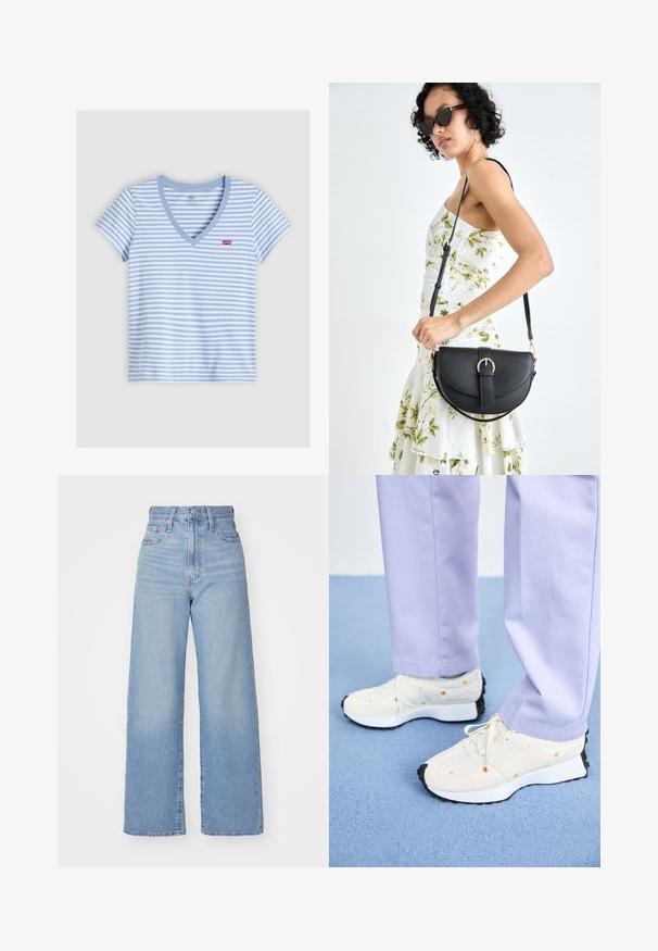 Levi's® THE PERFECT TEE V-NECK - T-shirt básica - dusty blue; Jeans de cintura alta e perna larga em azul claro, com fecho frontal de botão e zíper, bolsos frontais e traseiros, sobre um fundo branco.; Tênis brancos com solas pretas e detalhes laranja, combinados com calças lilás claras. Os tênis apresentam um cabedal texturizado e fechamento com cadarço.; Bolsa de couro preta com forma curva, alça destacável e detalhes em dourado. A bolsa possui uma aba com detalhe de fivela.