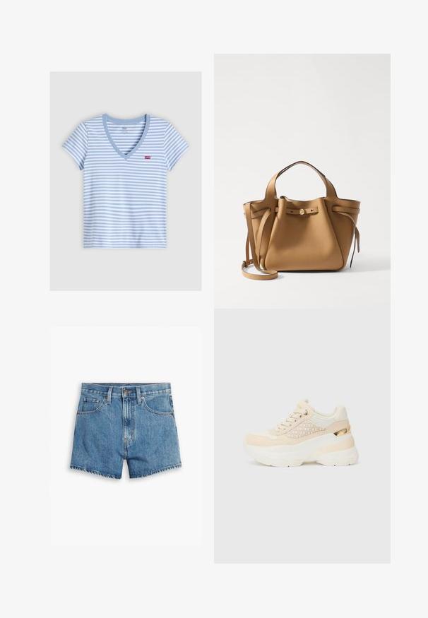 Levi's® THE PERFECT TEE V-NECK - Paprasti marškinėliai - dusty blue; Šviesiai mėlyni džinsiniai šortai, turintys penkis kišenes, užtrauktuko užsegimą ir mygtuko uždarymą. Apačia yra nusidėvėjusi, o dizainas yra laisvo pjūvio.; Lengvas sportinis batelis su mišrių medžiagų dizainu, kuriame derinamos kreminės ir šviesiai baltos spalvos, tekstūruota viršutinė dalis ir aukso akcentai ant kulno.; Tory Burch ROMY PEBBLED SATCHEL - Rankinė - tiramisu