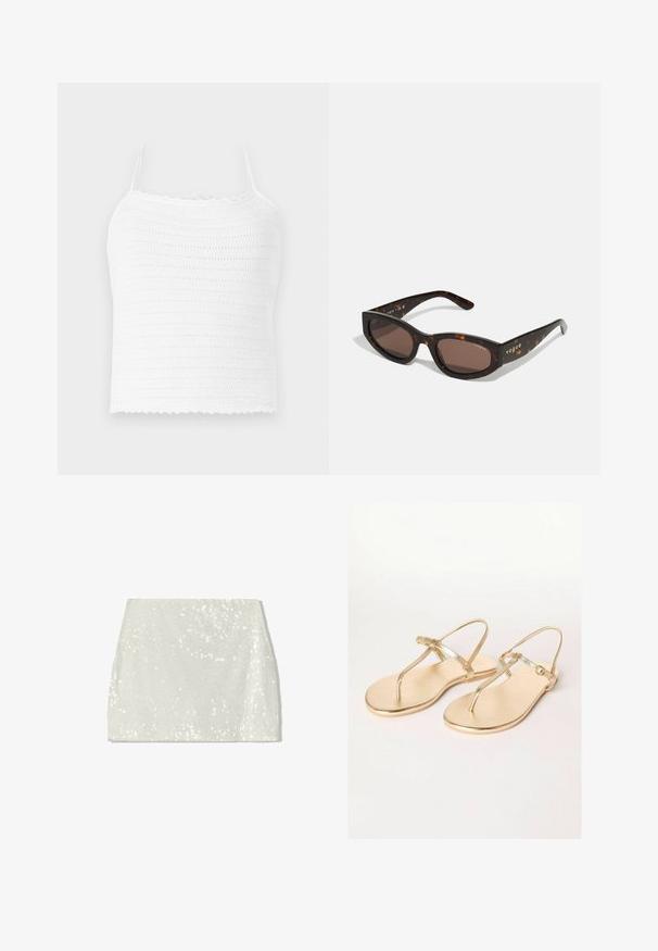 Top corto bianco all'uncinetto con spalline regolabili, caratterizzato da un motivo testurizzato e orlo scallop. Tessuto leggero e traspirante.; Bershka Gonna a campana - white; Friends Like These REGULAR FIT - TOE THONG FIT - Infradito - gold; Occhiali da sole tartarugati marroni con forma rettangolare, lenti marroni scure e brandizzazione "vogue" in oro sulle aste.; Borsa a spalla in metallo dorato con forma curvata, texture liscia, tracolla piatta e dettaglio decorativo con fibbia sul davanti.