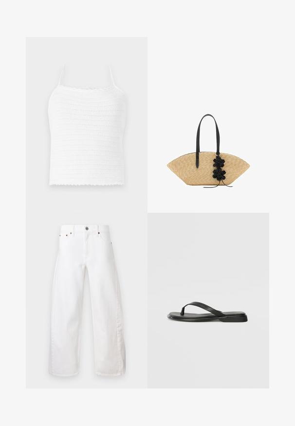 Biały koronkowy crop top z regulowanymi ramiączkami, z fakturowanym wzorem i falbaniastym wykończeniem. Lekki i oddychający materiał.; Białe dżinsy o szerokich nogawkach wykonane z denimu bawełnianego. Posiadają zapięcie na guzik i zamek, kieszenie z przodu oraz subtelne przeszycia wzdłuż szwów.; Czarne klapki wykonane z gładkiej skóry, z cienkim paskiem i płaską podeszwą o minimalistycznym profilu. Brak widocznych wzorów lub akcentów.; Słomiana torba na ramię o szerokim, wachlarzowym kształcie, z czarnymi skórzanymi uchwytami i czarnymi kwiatowymi akcentami po jednej stronie.