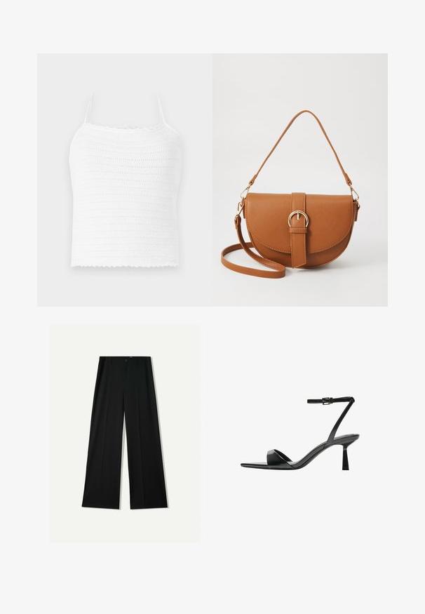 Weißes Häkel-Crop-Top mit verstellbaren Trägern, das ein strukturiertes Muster und einen gewellten Saum aufweist. Leichter und atmungsaktiver Stoff.; Bershka WIDE - Stoffhose - black; Bershka High Heel Sandalette - black; Braune Leder-Crossbody-Tasche mit geschwungener Form, goldfarbenen Beschlägen und einer Schnallenakzentuierung. Verfügt über einen abnehmbaren Schultergurt.