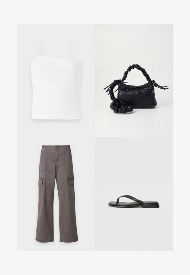 Top corto de crochet blanco con tirantes ajustables, que presenta un patrón texturizado y dobladillo con forma de ondas. Tela ligera y transpirable.; Pantalones de carga grises de algodón con un diseño de pierna ancha, que cuentan con dos bolsillos delanteros, dos bolsillos laterales y detalles de costura visibles.; Chancla negra de piel suave, con un diseño de tira delgada y una suela plana de perfil mínimo. Sin patrones ni acentos notables.; Bolso de mano de imitación cuero negro con textura de cocodrilo, parte superior fruncida y correa arrugada. Presenta un diseño suave y compacto.