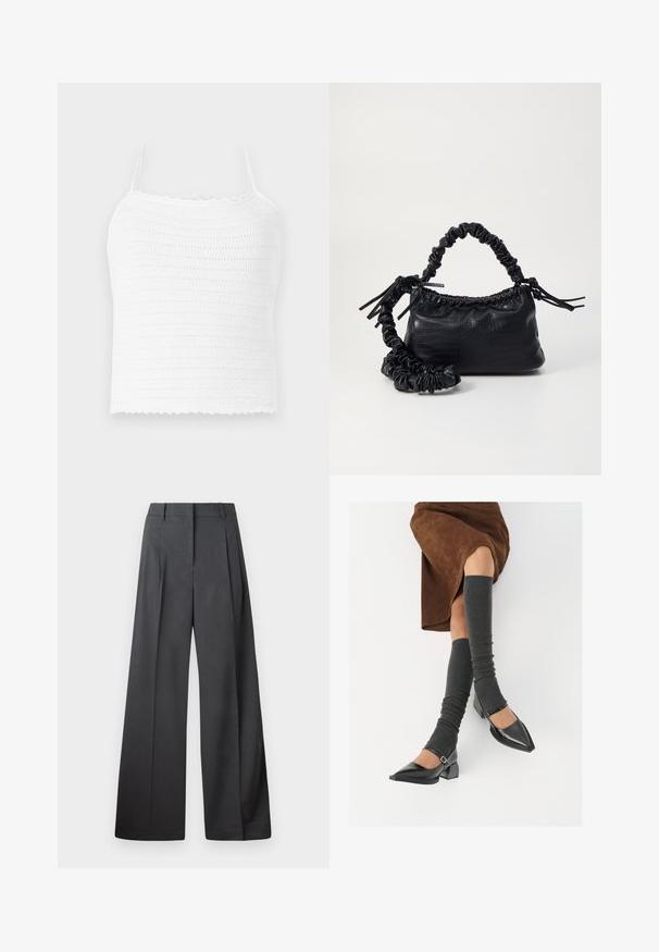 Biely háčkovaný crop top s nastaviteľnými ramienkami, s textúrovaným vzorom a oblým lemom. Ľahký a priedušný materiál.; Nohavice s širokými nohavicami z tmavošedej látky, s vysokým pásom, jedinými záhybmi a hladkou textúrou s čistým zakončením na lemoch.; Čierne lakované kožené topánky s špicatou špičkou, blokovým podpätkom a členkovým remienkom, ktoré sú kombinované so šedými rebrovanými legínami a hnedou zamšovou sukňou.; Čierna umelá kožená kabelka s kroko vzorom, sťahovaným vrchom a zhnutým popruhom. Vyzerá mäkko a kompaktné v dizajne.