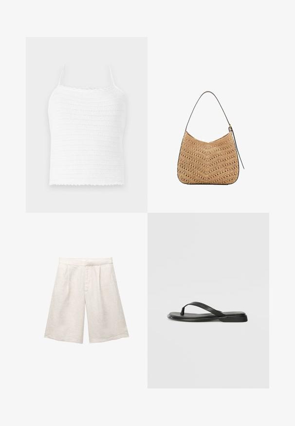 Bela kvačkana kratka majica z nastavljivimi naramnicami, ki ima teksturiran vzorec in valovit rob. Lahka in zračna tkanina.; Bež lanene kratke hlače z širokimi nogavicami, ki imajo sprednje nabore in gladek pas. Tkanina ima rahlo strukturirano površino.; Črne japanke iz gladke usnjene materiale, z tankim trakastim dizajnom in ravnim podplatom minimalnega profila. Brez opaznih vzorcev ali dodatkov.; Tkanina iz slame za ramensko torbico s ukrivljeno obliko, ki ima temno usnjeno naramnico in teksturo s chevron vzorcem.; Zlato tonirane uši so oblikovane z nepravilnimi teksturiranimi oblikami, okrašene z zelenimi dragulji in belimi biseri, pritrjene s sponkami.