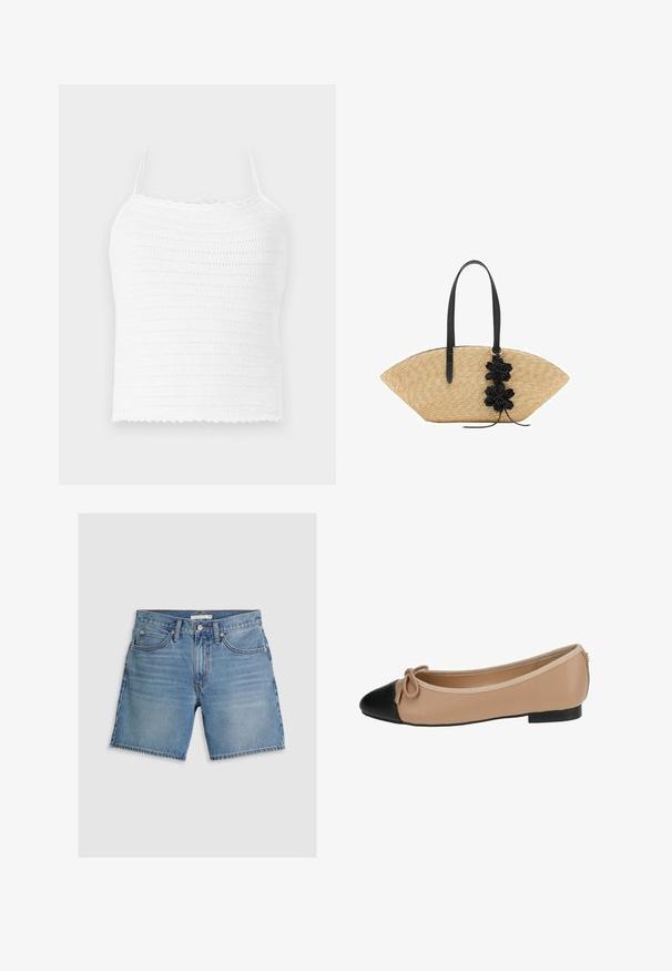 Top court en crochet blanc avec bretelles ajustables, doté d'un motif texturé et d'un ourlet festonné. Tissu léger et respirant.; Shorts en jean bleu clair, avec une coupe droite, cinq poches et une fermeture à bouton. Fabriqués en coton avec une texture lisse.; Ballerines en cuir beige avec un bout noir. Présentent un détail de nœud à l'avant et une texture lisse. Design à profil bas avec une semelle en caoutchouc.; Sac en paille avec un large design en forme d'éventail, poignées en cuir noir et accents floraux noirs d'un côté.