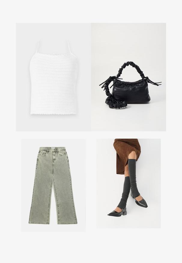 Balts tamborēts īsais tops ar regulējamiem plecu siksnām, ar strukturētu rakstu un viļņotu apakšmalu. Viegls un elpojošs audums.; Platas kājas džinsi gaismas pelēkā denima, ar augstu jostas vietu, priekšējām kabatām un neapstrādātu apakšmalu. Rūpīgi izstrādāta tekstūra pievieno vizuālu interesanti.; Melnas laka ādas apavi ar norādītu purngalu, blokveida papēdi un potīšu jostu, saskaņoti ar pelēkām ribotām kāju sildītājām un brūnu zamšādas svārku.; Melnā mākslīgās ādas rokassoma ar krokodila rakstu, savilkta augšdaļa un saburzīta siksna. Izskatās mīksta un kompakta pēc dizaina.